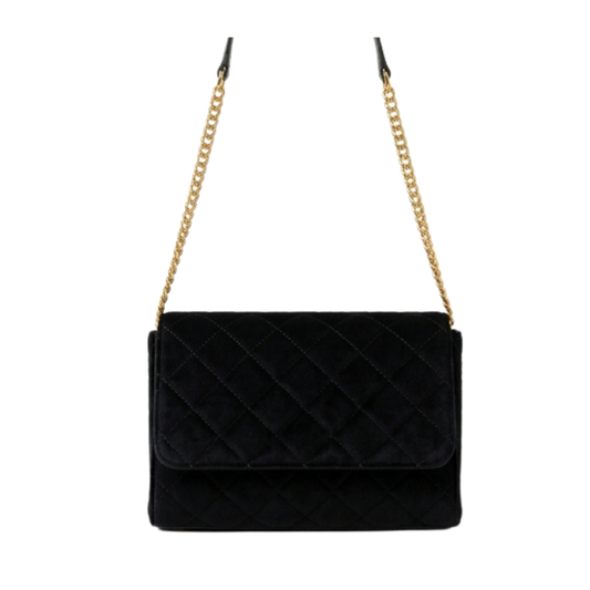 Luxury Black Quilted Velvet Shoulder Bag with Gold Chain Strap - Elegant Evening Handbag for Women