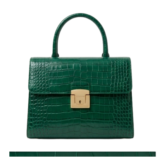 Luxury Emerald Green Crocodile-Effect Leather Satchel - Elegant Structured Handbag for Women